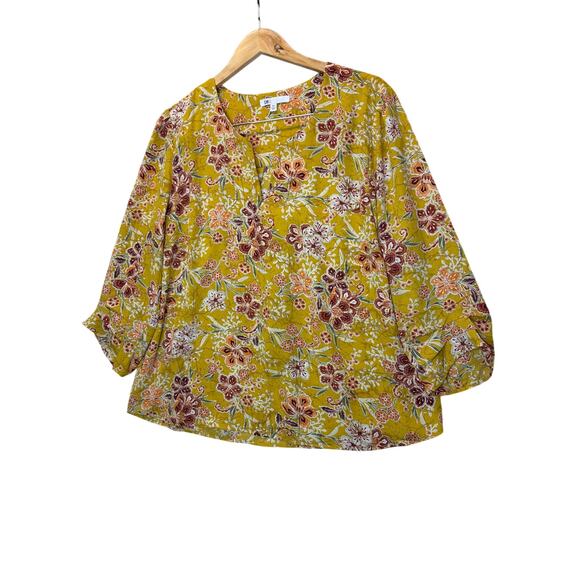 DR2 Tops - DR2 by Daniel Rainn Yellow Floral Split V-Neck Blouse, XXL